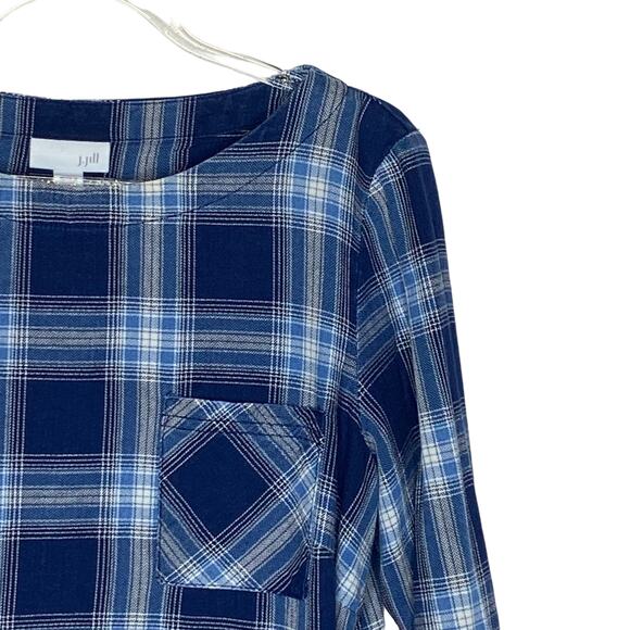 J Jill Womens Size XS Blue Plaid Blouse Top Back Buttons Cotton Boat Neck - Picture 3 of 10